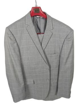 Lineage Men's Gray Windowpane 2-Piece Suit 42R Stretch Classic Fit